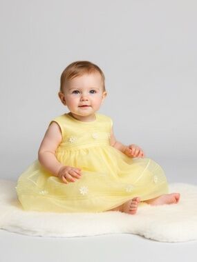 Handmade Pretty Formal Dress Daisy Flowers Appliqué Yellow Y2K Vintage 12-24M